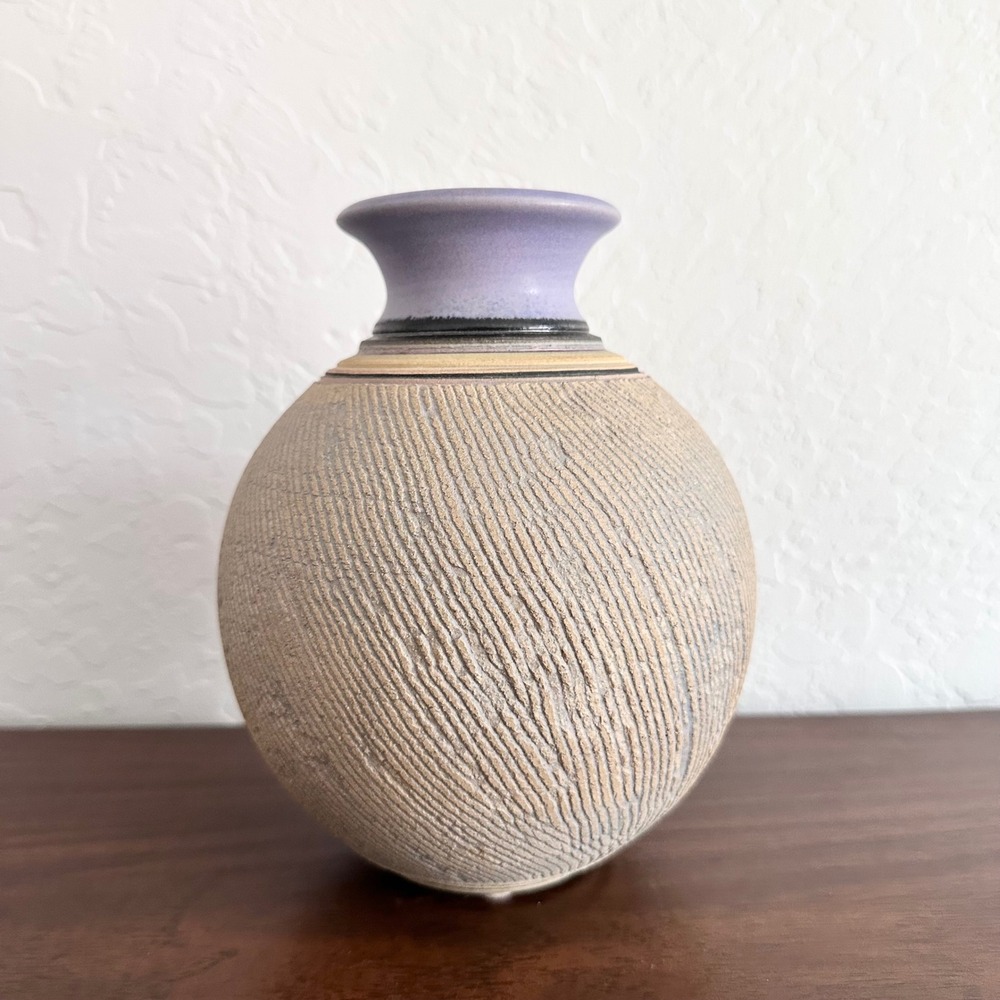 Vintage Pottery Vase Jug Handmade Signed‎ Purple Striped Textured Southweatern